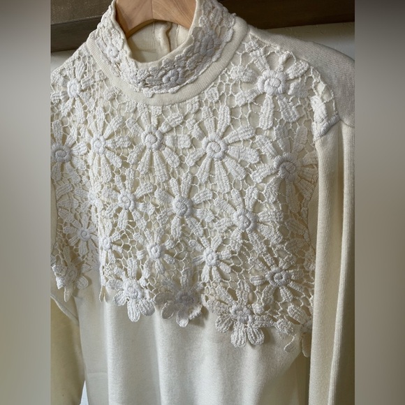 Wool blend women’s ivory/cream sweater with Crotchet Floral Details•••Mock neck - Picture 3 of 10